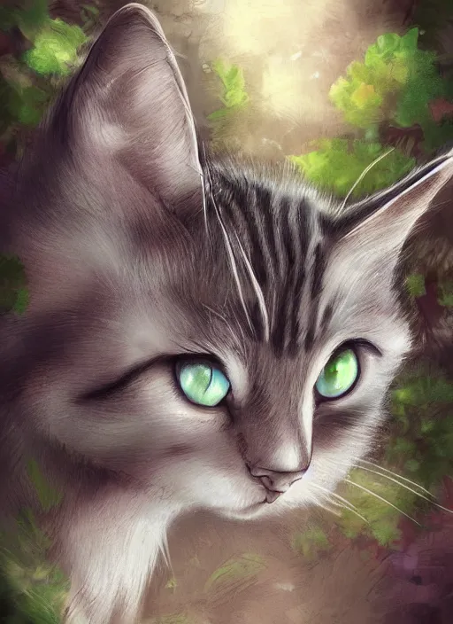 Image similar to beautiful little cat, beautiful lightness, anatomically correct, trending on pixiv, forest