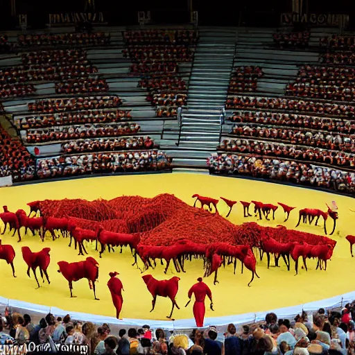 Prompt: evocative by stephanie rew. a installation art of a bullfight in spain. the installation art is set in an arena with spectators in the stands. several figures in the installation art, including a matador & a bull.