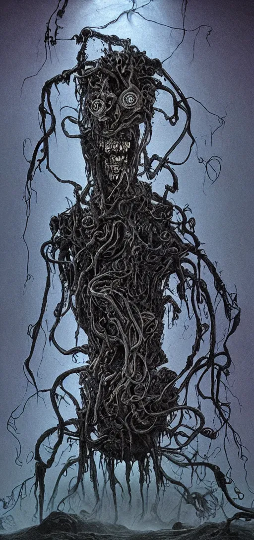 Image similar to thomas the tank engine in style of zdzisław beksinski, extremely dramatic lighting, 8 k, tendrils, black, darkness, black slime tendrils, infected, rust, body horror, thomas the train, thomas the tank engine face, horror,