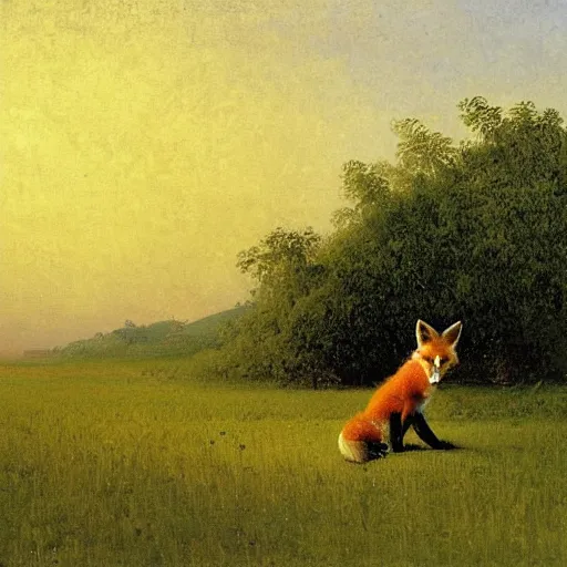 Prompt: a happy fox sitting in a wheat field, looking at the viewer, oil - on - canvas painting by carl spitzweg