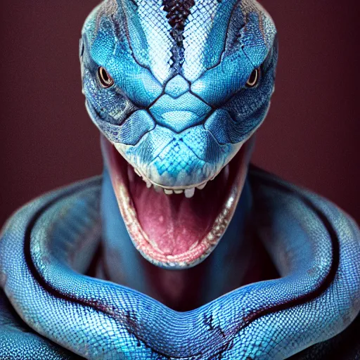 Image similar to snake man, up portrait with his face and body wrapped in white scales with glowing blue eyes. hyper photo realistic 8K HD HDRI, photo by Annie Leibovitz