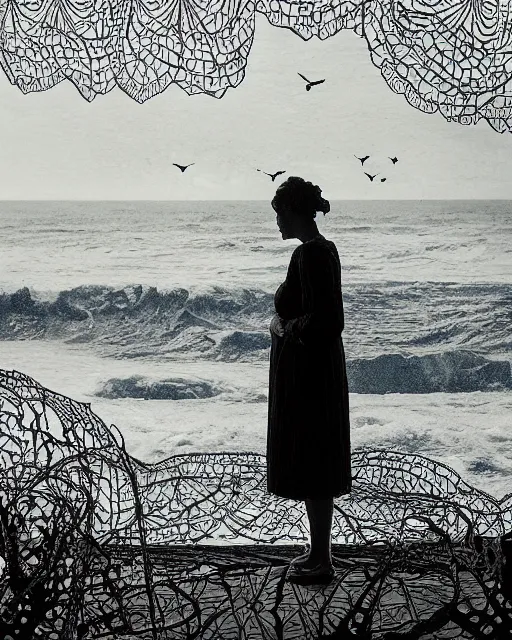 Image similar to a woman standing by the sea, made of intricate decorative lace leaf skeleton, in the style of the dutch masters and gregory crewdson, dark and moody