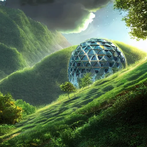 Image similar to vertical farm towers and sci - fi dome in a steep sided valley with trees, a sense of hope, high res, 4 k, stark light, edouard groult, bynde, kirill leonov