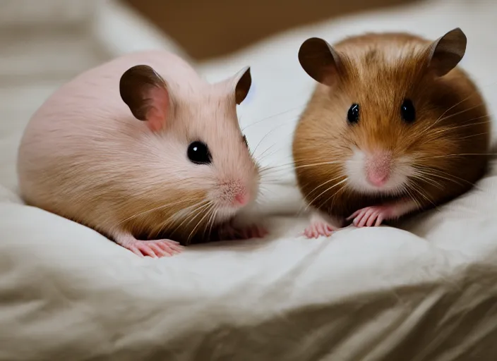 Image similar to photo of a two hamsters laying in a bed, cinematic color grading, various poses, soft light, faded colors, well framed, sharp focus, 8 k