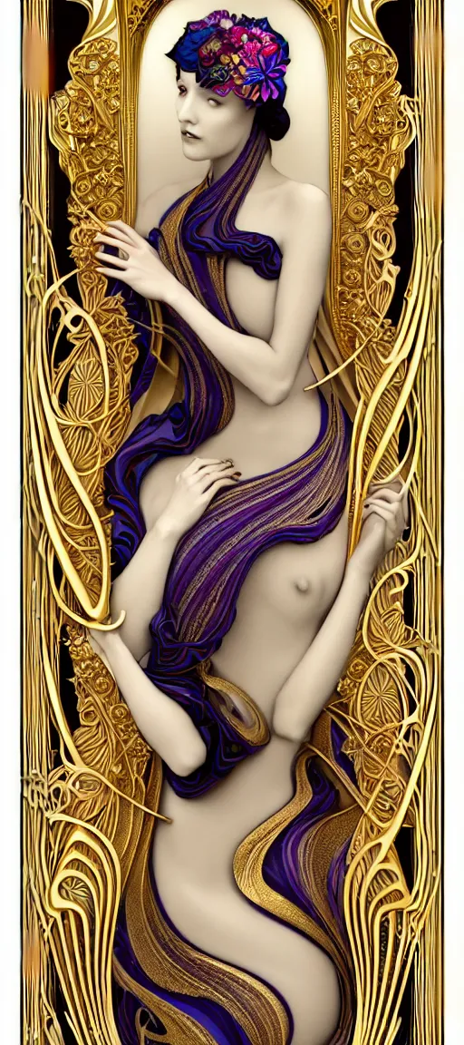 Prompt: the source of future growth dramatic, elaborate emotive Art Nouveau styles to emphasise beauty as a transcendental, seamless pattern, symmetrical, large motifs, hyper realistic, 8k image, 3D, supersharp, Art nouveau 3D curves and swirls, Glass and Gold pipes, colorful flower bouquets silk ribbons and gold chains, swarovski crystals, iridescent and black and shiny gold colors , perfect symmetry, iridescent, High Definition, sci-fi, Octane render in Maya and Houdini, light, shadows, reflections, photorealistic, masterpiece, smooth gradients, no blur, sharp focus, photorealistic, insanely detailed and intricate, cinematic lighting, Octane render, epic scene, 8K