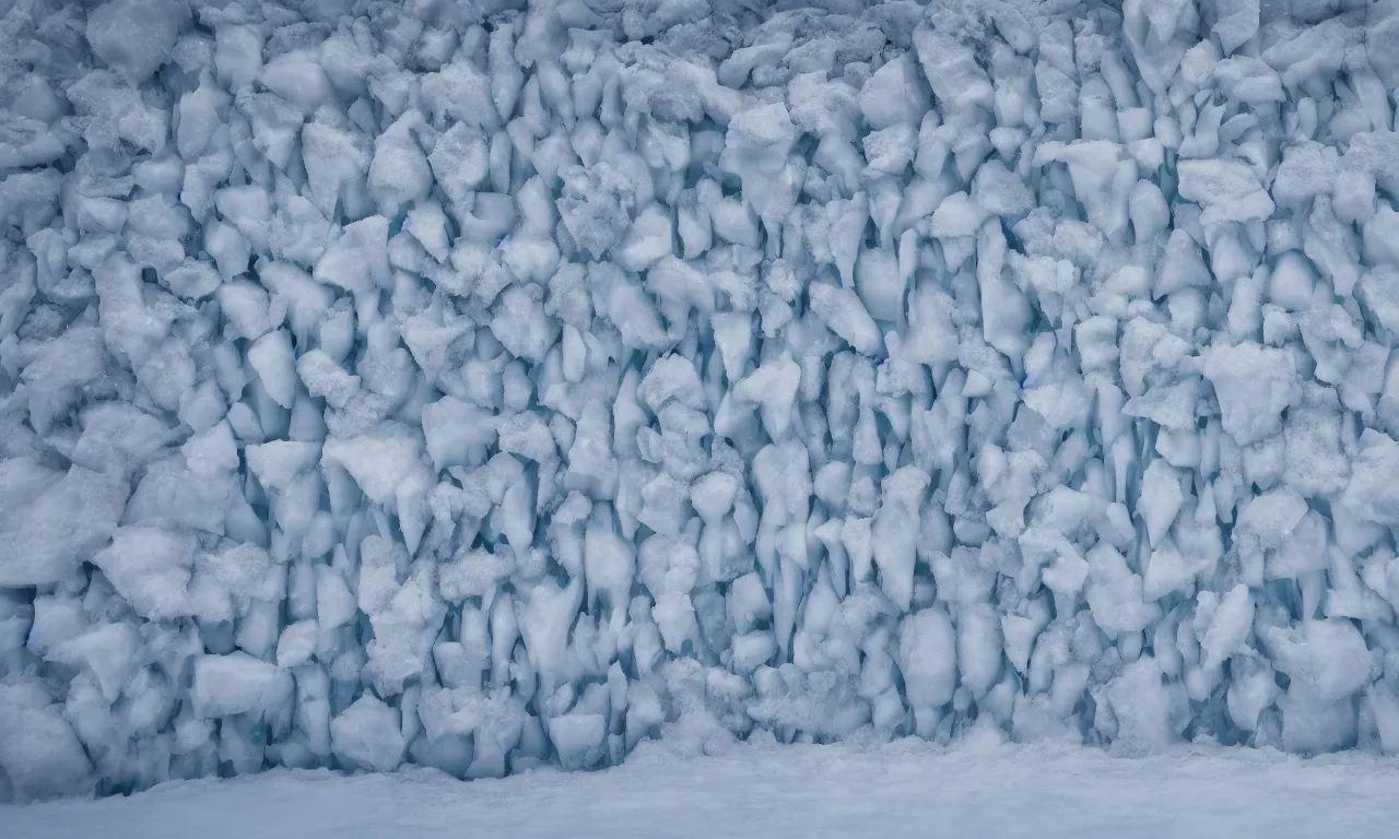 Image similar to a wall made of stacked ice in distance snowstorm ， high quality, octane render ， icey tundra, snowy landscape