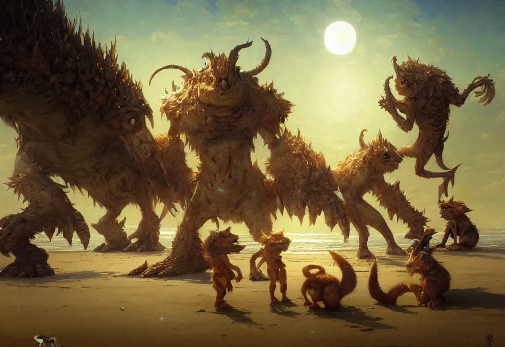 Prompt: cute fantasy critters at the beach looking at the moon, ultra realistic, concept art, highly detailed by greg rutkowski, gaston bussiere, craig mullins, simon bisley