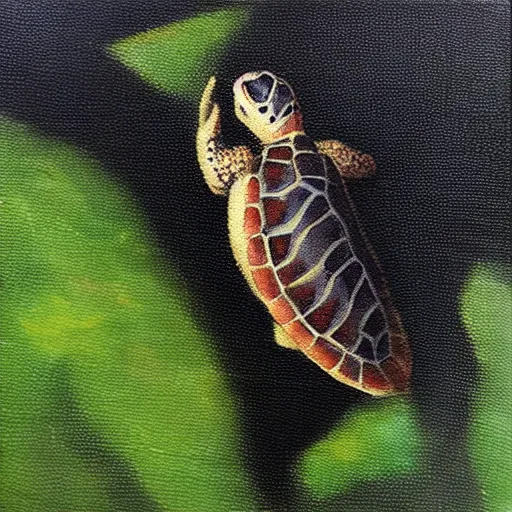 Image similar to oil on canvas, a cute small turtle.