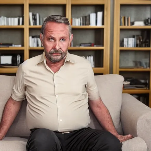 Prompt: full body photo of steve, mature male, mysterious face. he is sitting gracefully on a sofa, elegant slim beige shirt, tight shirt, big pumped belly