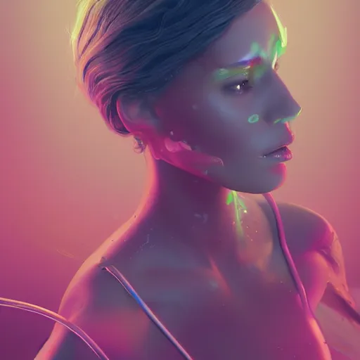 Image similar to a highly detailed digital image of an elegantly posed futuristic woman beautifully intertwined in chromatic liquid like leaves, by Andrew Chiampo, artstation, and Frederik Heyman, extremely detailed woman, stunning volumetric lighting, hyper realism, fantasy 4k