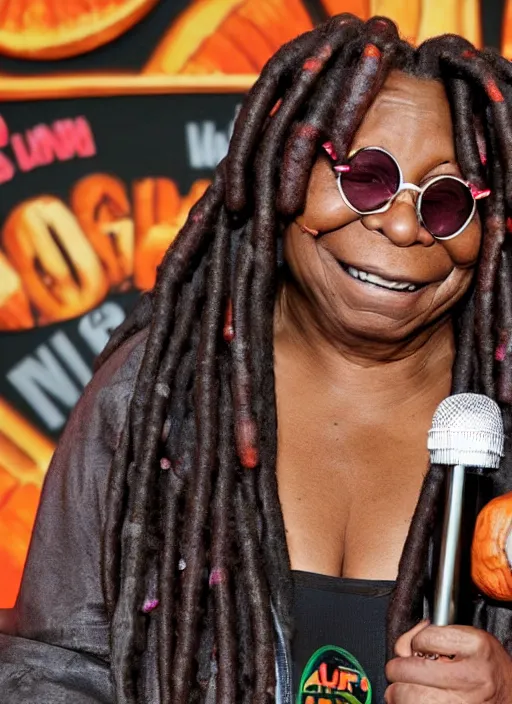 Prompt: whoopi goldberg goldberg the wrestler, fancy pumpkin surprise, mega lotto style, octane render farm