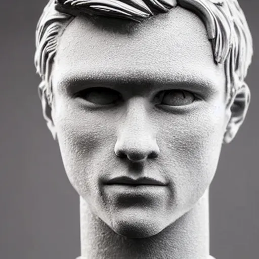 Image similar to a realistic detailed photo of a guy who is an attractive humanoid who is half robot and half humanoid, who is a male android, soccer player martin ødegaard, shiny skin, posing like a statue, blank stare, by the pool, on display, showing off his muscles, humanoid robot, frozen ice statue