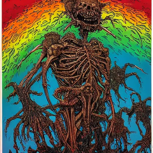 Image similar to crayon art by geof darrow tumultuous. in the center of the photograph is a large gateway that seems to lead into abyss of darkness. on either side of the gateway are two figures, one a demon - like creature, the other a skeletal figure.