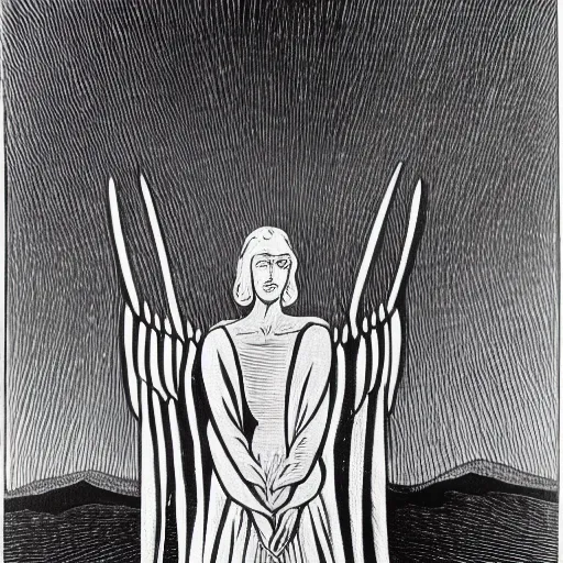 Image similar to aesthetically pleasing image of the whitewinged angel of death wearing a crimson and black robe descending on the innocent in their graves cindy sherman eric ravilious