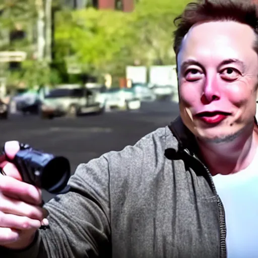 Image similar to bodycam footage of elon musk going crazy pointing a weapon at the sky, new york streets, wide angle, fisheye, uhd, 4 8 0 p, bodycam, paparazzi, bad quality
