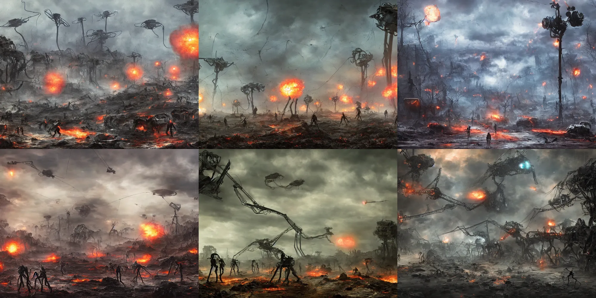 Prompt: landscape art of 8k ultra realistic war of the worlds walkers, destruction, full of colour, cinematic lighting, trending on artstation, 4k, hyperrealistic, focused, extreme details,unreal engine 5, cinematic, masterpiece, art by Geoff Taylor