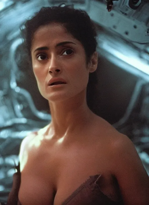 Image similar to film still of salma hayek in the movie Alien, captured in a creamy alien substance, scary, cinematic shot, 4k.