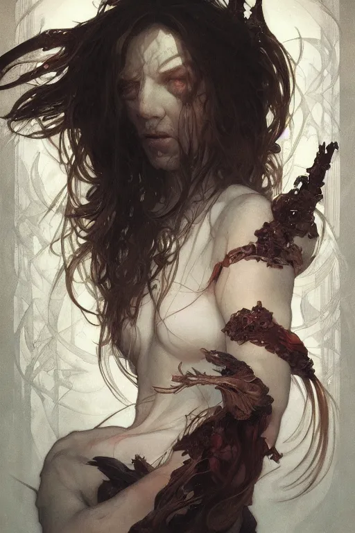 Image similar to A full portrait of a beautiful terrible powerful blind meat priest, intricate, elegant, highly detailed, digital painting, artstation, concept art, smooth, sharp focus, illustration, art by Krenz Cushart and Artem Demura and alphonse mucha