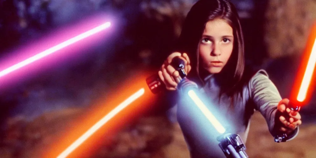 Prompt: a full color still of a teen brunette girl holding a lightsaber with a sci-fi battle in the background, cinematic lighting, 1999, directed by Steven Spielberg, 35mm