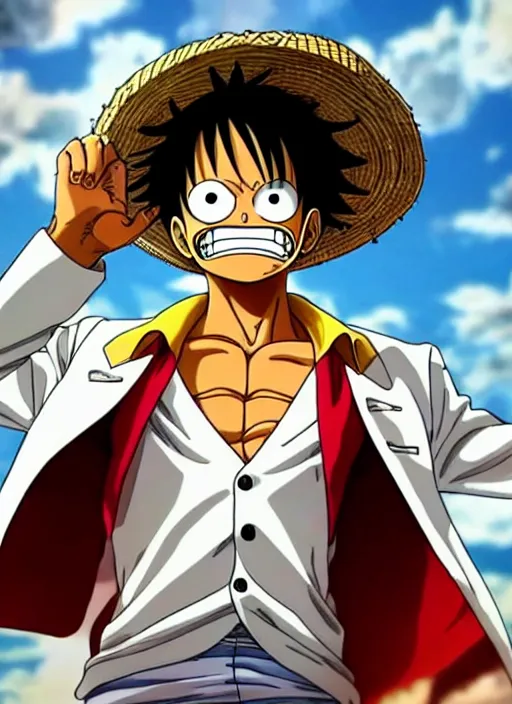 Prompt: a professional photo of luffy wearing a white suit, hyper realistic, golden hour effect