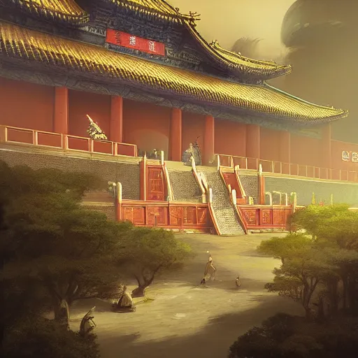 Image similar to tang dynasty palace by peter mohrbacher and dan mumford and nekro, cgsociety, volumetric light, 3 d render ， - h 6 4 0