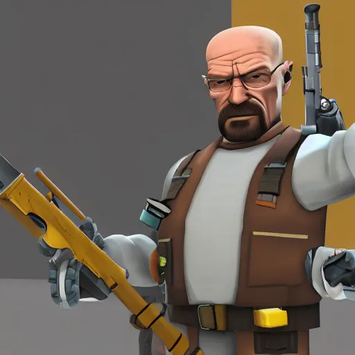 Prompt: walter white as team fortress 2 sniper, cartoonish, valve, 2 fort, sunny, red, sniper rifle, jarate, highly detailed