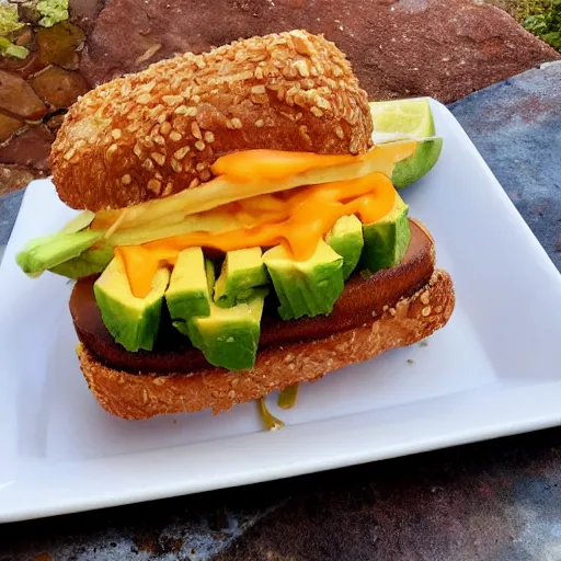 Image similar to sandwich with fried tofu, also one tomato slice, two onion rings, avocado and cheddar, over a dish and over a table, outside with a sunsed and rainbow in the background with saturn and stars in the sky, amazing light