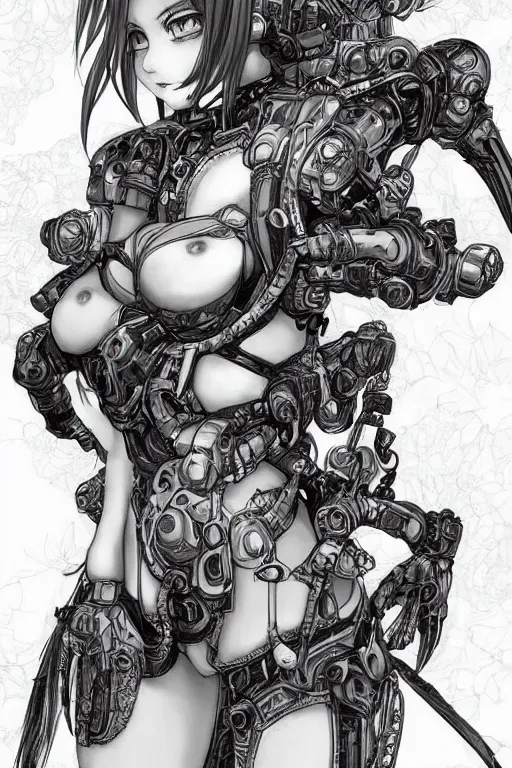 Prompt: full body illustration, mechanized burnette female, blissful succubus, highly detailed, sumi - e art, suiboku - ga ink, by kim jisu, pen and ink monochrome, mecha, deviantart, artstation, pinterest