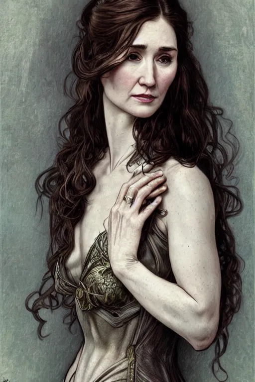 Prompt: carice van houten, anatomy, cute, fantasy, intricate, elegant, highly detailed, digital painting, 4 k, hdr, concept art, smooth, sharp focus, illustration, art by h r giger and alphonse mucha