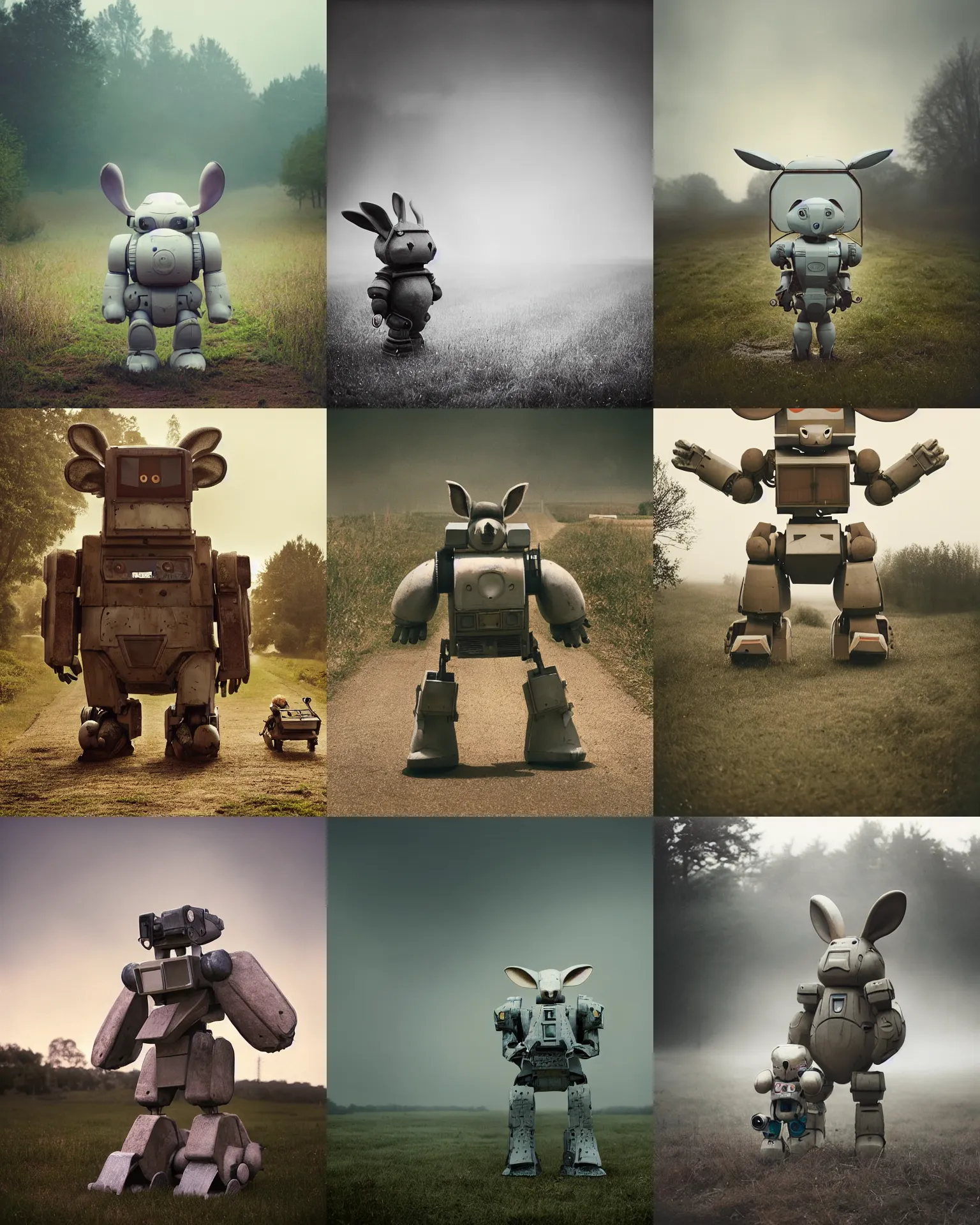 Prompt: giant oversized battle rabbit robot chubby mech baby with big ears , on a village, full body , Cinematic focus, Polaroid photo, vintage , neutral dull colors, soft lights, foggy , documentary photograph by gregory crewdson ,by lagerstedt, by graafland