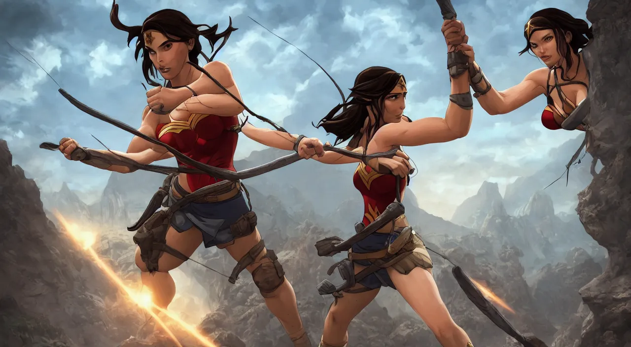 Image similar to A beautiful ultradetailed cartoon of Lara Croft holding hands with Wonder Woman, 4k, Raphael Lacoste, by Rossdraws and Bluesssatan and Mandy Jurgens and Stjepan Sejic, Legend of Korra, Tomb Raider, fanart, trending on artstation, highly detailed, soft lighting 8k resolution, dramatic lighting, unreal engine 5