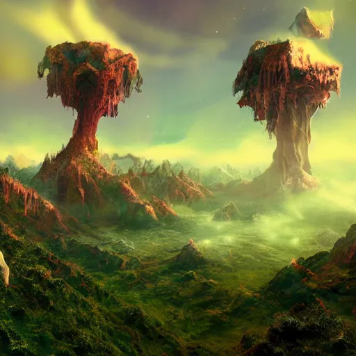 Image similar to A fantasy vaperwave landscape on an alien planet