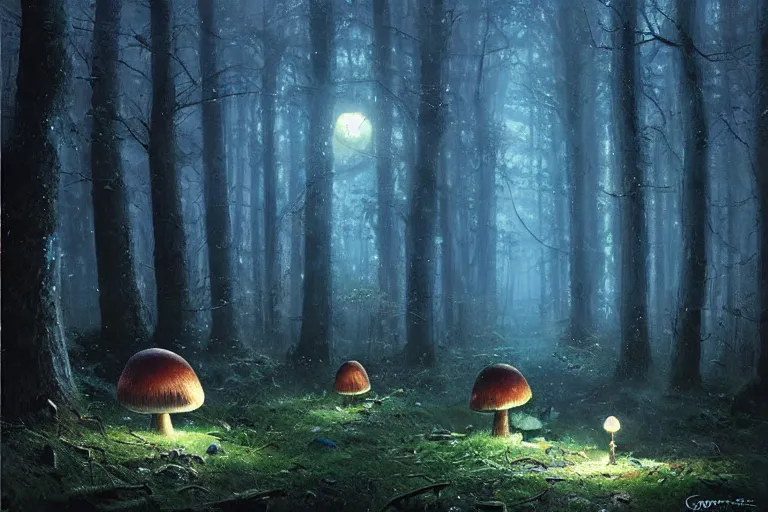 Prompt: moon night; Forest of giant mushrooms mushrooms forest, glowing blue By Greg Rutkowski, Thomas Kinkade