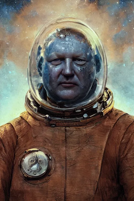 Prompt: upper body portrait of stellan skarsgård as baron harkonnen with oil running down his face wearing old leather spacesuit, detailed, sunshine, nebula space background, illustration by norman rockwell, artstation character art, john william waterhouse, concept art, greg rutkowski