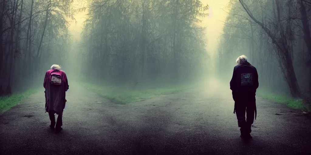 Image similar to a sad rumpled old homeless with torn clothes goes into the distance with his torn old backpack, neon road, magical sunset, gloomy forest, magical fog, depression, post - apocalypse