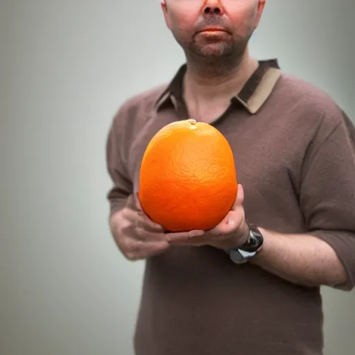 Prompt: award winning portrait of Karl Pilkington holding an orange, on the cover of a magazine, Hasselblad photograph, soft focus, f1.2, soft focus