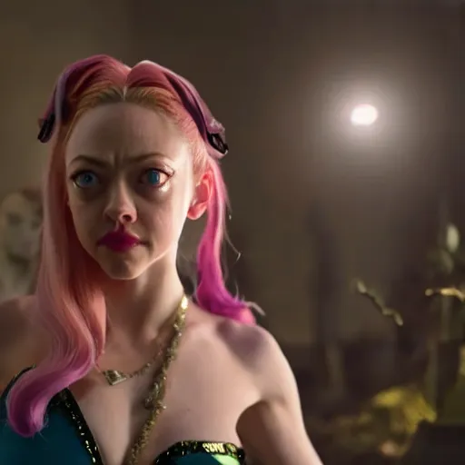 Image similar to cinematic scene with amanda seyfried as jolyne from jojo's bizarre adventure, live action film, stone ocean, dramatic, small details, volumetric lighting, still frame