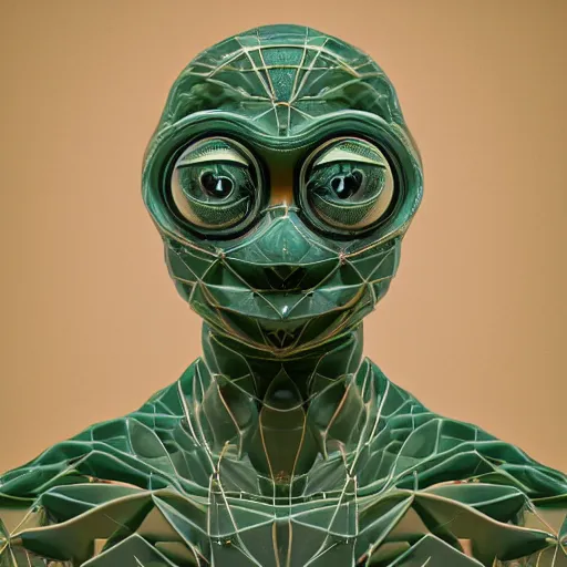 Image similar to a statue made of white marble with gold veins, of pepe the frog, transhumanism, full body shot, perfect symmetrical body, perfect symmetrical face, hyper realistic, hyper detailed, by johannen voss, by peter kemp, by monia merlo, by michelangelo, octane render, blender, 8 k