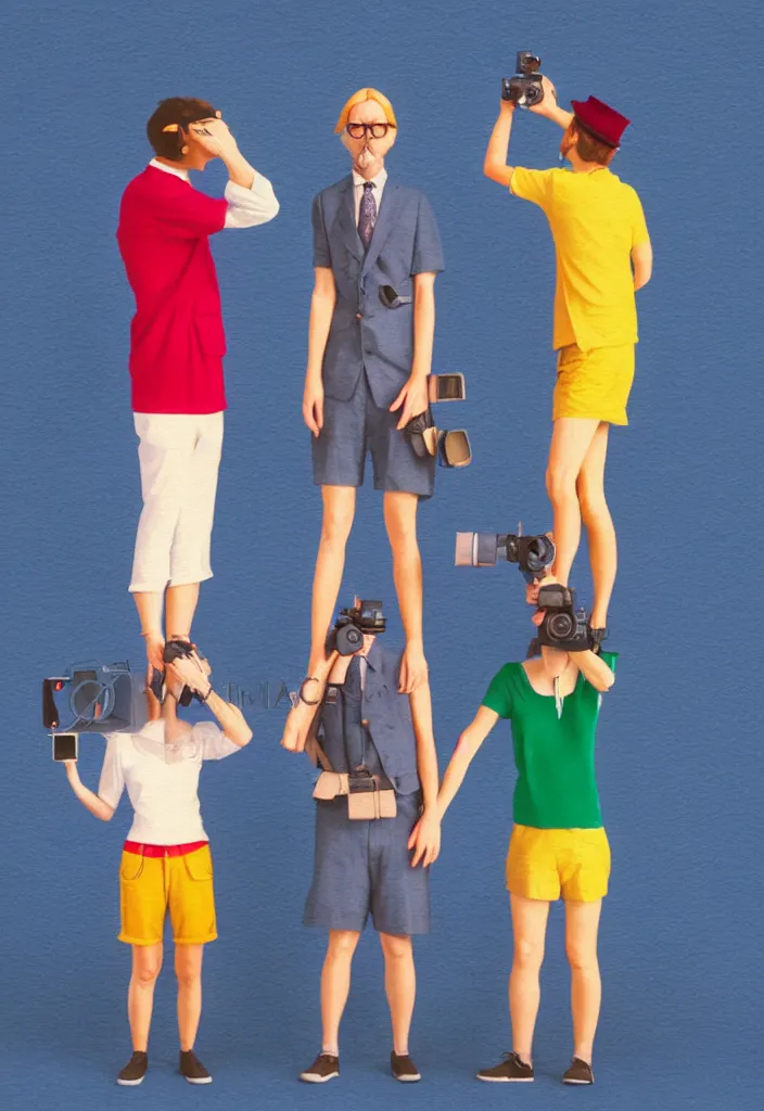 Image similar to full body portrait of a trio of european tourists with nikon cameras, various poses shooting photos, character designs painting, in the style of wes anderson, rene magritte, lola dupre, david hockney, isolated on white background, dark monochrome neon spraypaint accents volumetric octane render