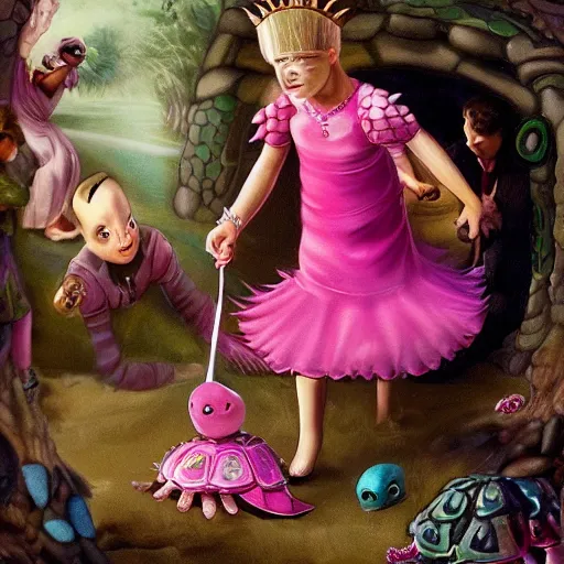 Prompt: an evil turtle with spiked shell kidnapping a young princess with a pink dress