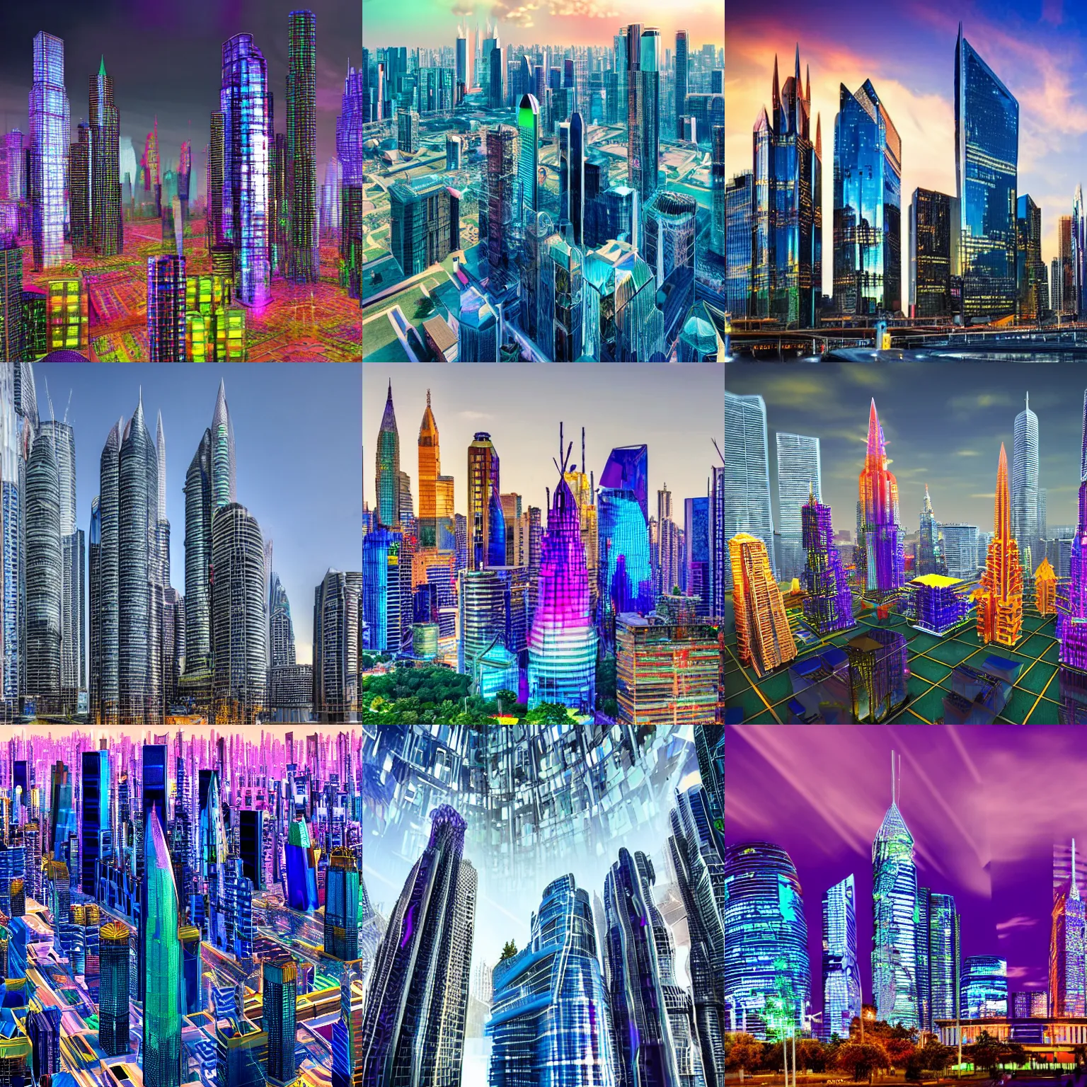 Prompt: an epic futuristic colorful crystal city with many spires and skyscrapers