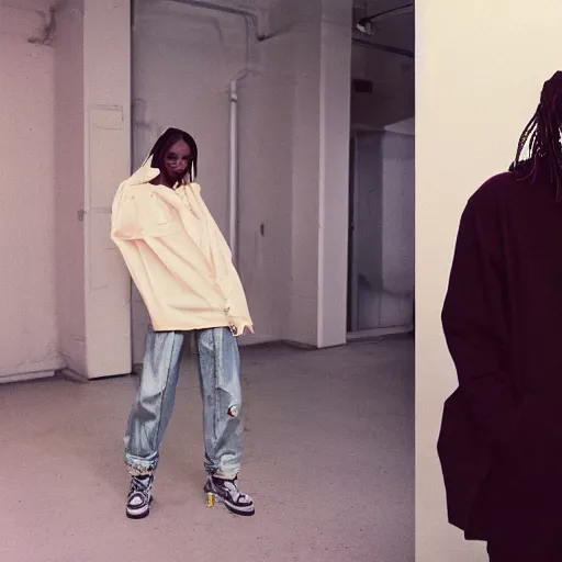 Image similar to realistic photoshooting for a new vetements lookbook, color film photography, photo of a woman, photo in style of tyler mitchell, 3 5 mm, featured on vogue