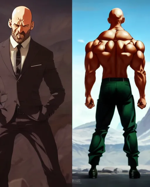 Image similar to gigachad luigi bodybuilder posing like saitama and jason statham wearing a suit in the mountain, fantasy character portrait, ultra realistic, anime key visual, full body concept art like ernest khalimov, intricate details, highly detailed by greg rutkowski, ilya kuvshinov, gaston bussiere, craig mullins, simon bisley