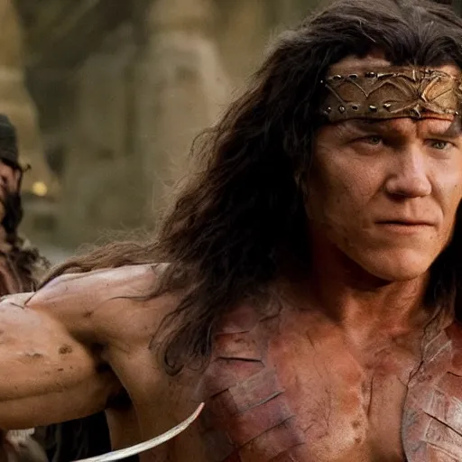 Image similar to Tom Holland as Conan the Barbarian. Movie still frame. Heroic. 4K UHD