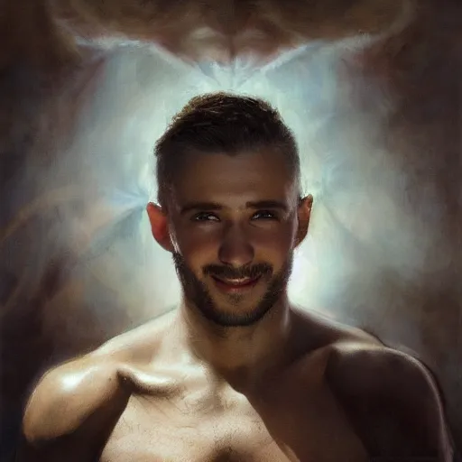 Image similar to handsome portrait of a young guy fitness posing, war hero, smiling, radiant light, caustics, reflective light, by gaston bussiere, bayard wu, greg rutkowski, giger, maxim verehin