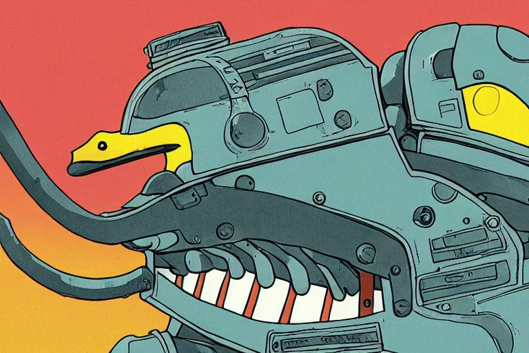 Image similar to illustration of a heavily armoured mechanical duck by studio ghibli, ominous, vivid colors, colorful