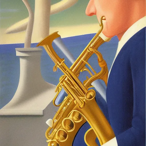 Prompt: a man playing saxophone on the beech by Raphael, Hopper, and Rene Magritte. detailed, romantic, enchanting, trending on artstation.