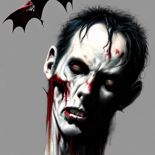 Image similar to color head portrait of young peter murphy as a zombie bat with huge black bat wings in the background, 7 days to die zombie, gritty background, fine art, award winning, intricate, elegant, sharp focus, cinematic lighting, digital painting, 8 k concept art, art by michael hussar, art by brom, art by guweiz and z. w. gu, 8 k