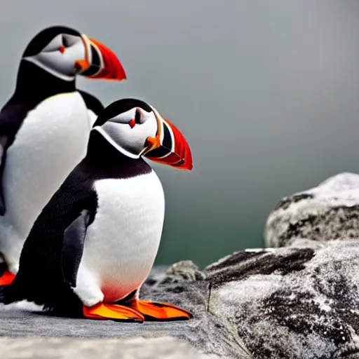 Image similar to puffin cuddling penguin