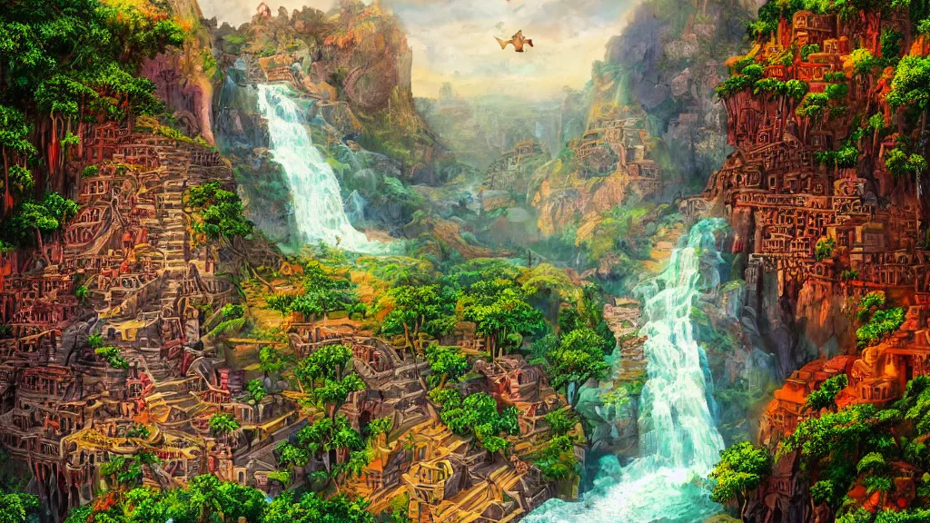 Image similar to ancient aztec city built into a cliff face, waterfall cutting the city in half, lovely colors, art station, digital art, HD, 4k, beautiful foliage